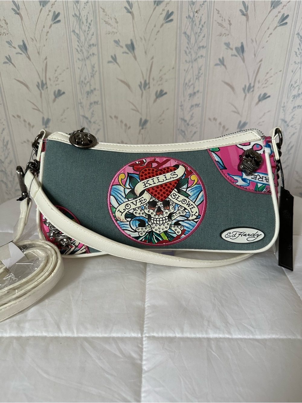 Ed Hardy Denim Bag with Pink Tattoo Motifs